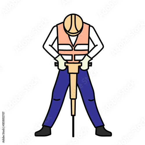 削岩機を操作して地面を掘削する作業員の男性を描いたイラスト素材｜建設や土木工事の現場作業と安全対策をイメージした実務的な人物表現