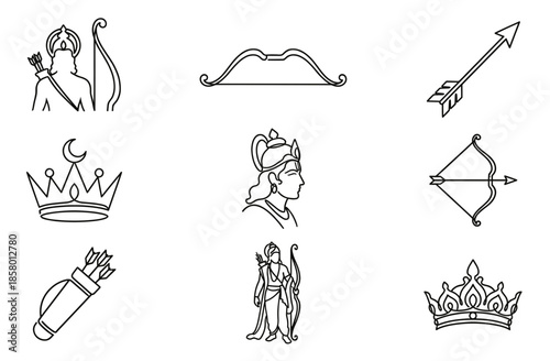 Lord Rama Vector Line Art Set Simple Black Outline Icons of Hindu God Ram Crown Bow and Arrow for Coloring Book Page Tattoo or Logo Design Isolated on White Background