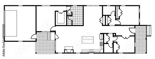 Comprehensive Residential Floor Plan Blueprint With Living Areas, Bedrooms, Kitchen, Bathroom, and Outdoor Entrances Layout