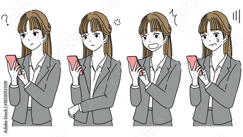 スマホを見ているスーツ姿の若い女性の表情セットのイラスト
