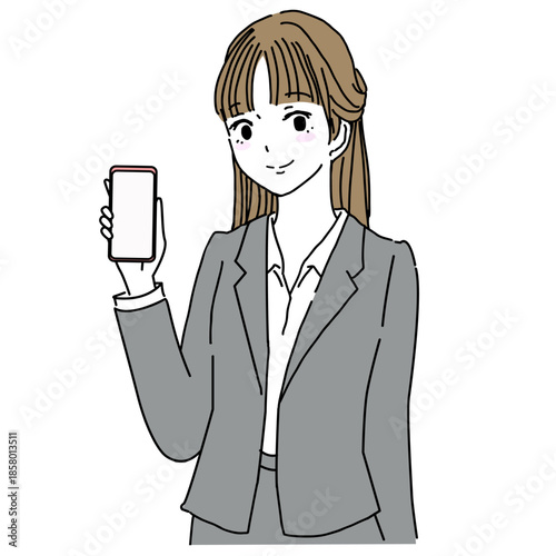 スマホを持って笑っているスーツ姿の若い女性のイラスト