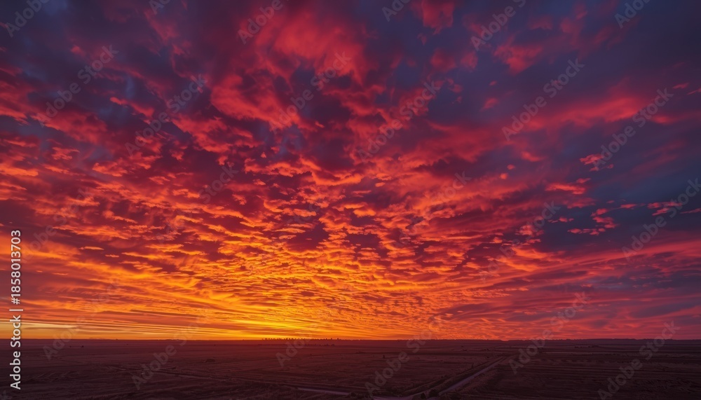 Fototapeta premium Breathtaking sunset with fiery orange and deep purple clouds over a vast landscape