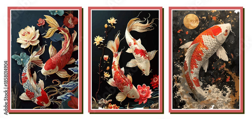 Beautiful Japanese koi fish swimming with lotus flowers and cherry blossoms. Elegant Asian-style illustration with golden accents for traditional oriental posters and wall art
