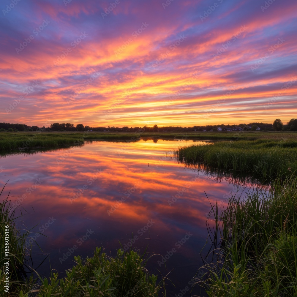 Fototapeta premium Vibrant Sunset Reflection on Calm Water