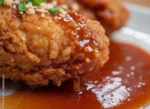 Golden Brown Crispy Fried Chicken Glazed With Savory Sauce Garnished With Green Onions And Peanuts On A White Plate Macro Shot