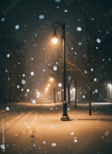 Ornate Lamppost Illuminates Snowy Evening Street Scene with Falling Snow and Bare Trees Casting Long Shadows