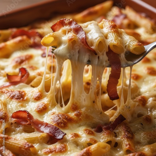 Close Up Of Cheesy Penne Pasta With Crispy Bacon Being Lifted On A Fork With Golden Brown Baked Cheese