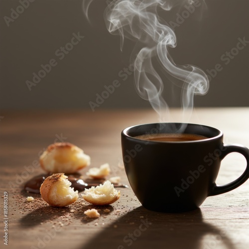 Steaming Black Coffee in Dark Ceramic Mug with Pastry Crumbs on Wooden Table Warm Morning Light
