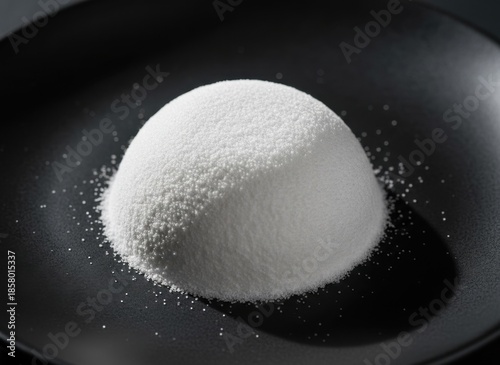 A Dome Shaped Pile Of Fine White Granulated Sugar On A Black Matte Plate With Subtle Shadows