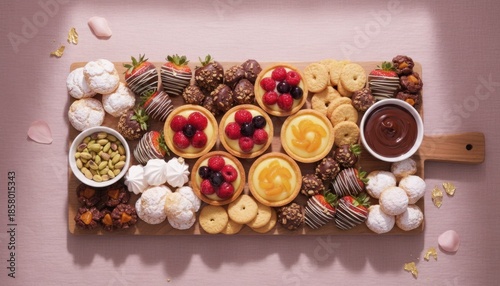 Assortment of Sweet Desserts Including Chocolate Covered Strawberries Mini Tarts Cookies and Candies Arranged on a Wooden Board with Fondue Sauce