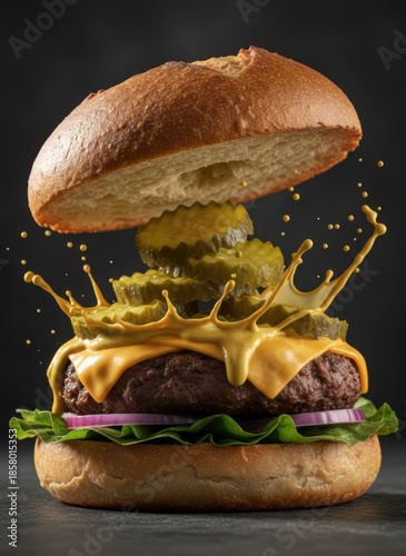 Juicy Beef Burger with Melted Cheese and Pickles in Motion with Mustard Splash on Dark Background