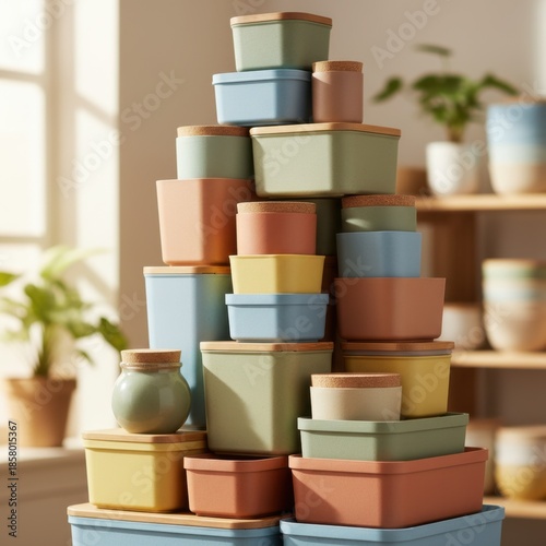 Assortment of Pastel Colored Food Storage Containers Stacked High With Natural Light Illuminating The Scene Featuring Green Plants And Wooden Shelving