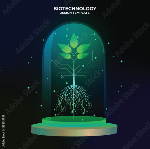 Seedling preserved in translucent glass. Futuristic biotechnology scenario for environmental care, promoting ecology and conservation of the planet. Responsible innovation and care for nature