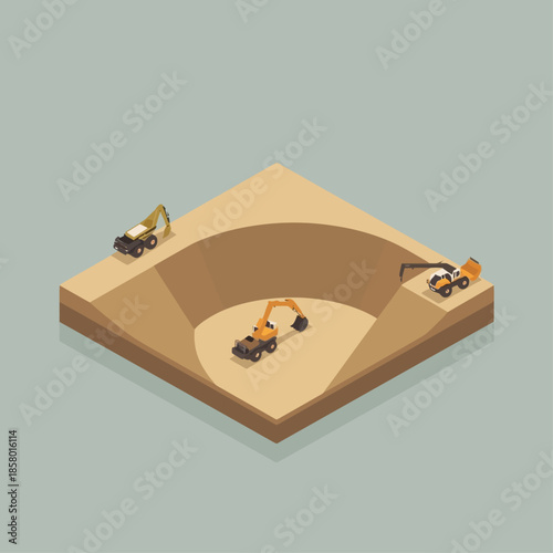 Isometric Construction Site with Excavators Digging a Hole.
