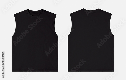 Foto Blank Black Sleeveless T-Shirt Mockup, Front and Back Views Isolated on White