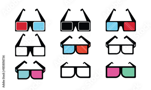 Colorful 3D Cinema Glasses Icon Set – Anaglyph and Black Frame Movie Eyewear Collection