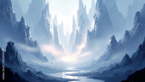 A luminous river flows between towering, jagged, ice-covered mountain peaks.