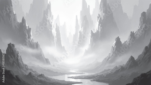 Dramatic grayscale landscape with towering rock formations and a misty river valley