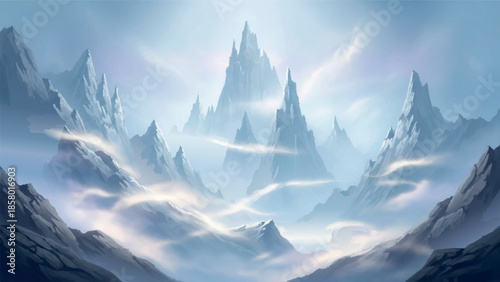 Mystical mountain peaks emerge from swirling mists and ethereal clouds
