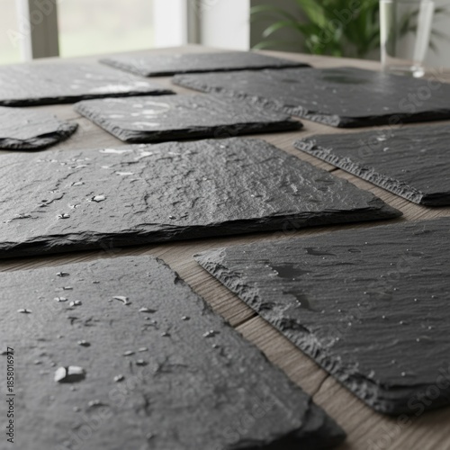 Natural Dark Slate Placemats Arranged on a Rustic Wooden Table with Water Droplets Reflecting Soft Natural Light creating an Elegant Dining Atmosphere