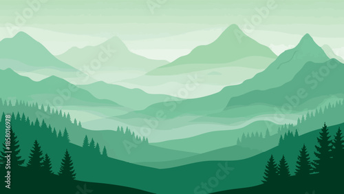Layered green mountains and silhouetted trees in a misty landscape