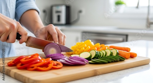 Freshly chopped colorful vegetables arranged on a cutting board, ready for healthy cooking.