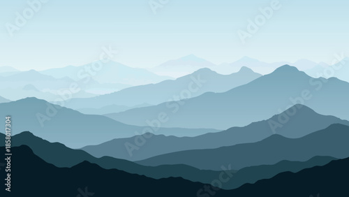 Layered mountain silhouettes in varying shades of blue and gray
