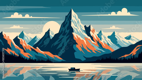 Majestic mountain range with a calm lake and a small boat at dusk