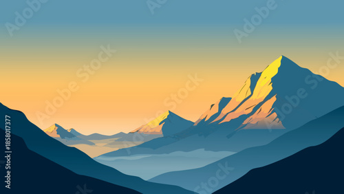 Golden light illuminates majestic mountain peaks in a serene landscape