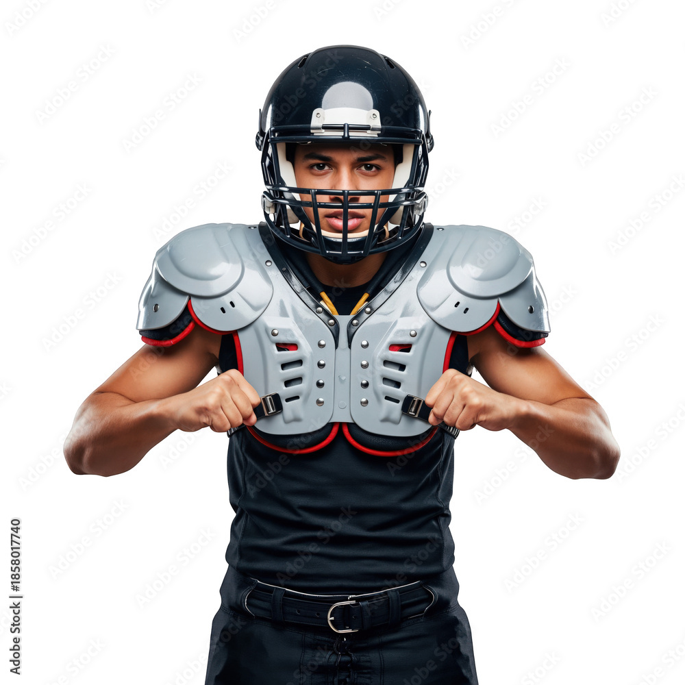 Fototapeta premium Young Male Athlete in Football Gear Ready for Action with Shoulder Pads and Helmet