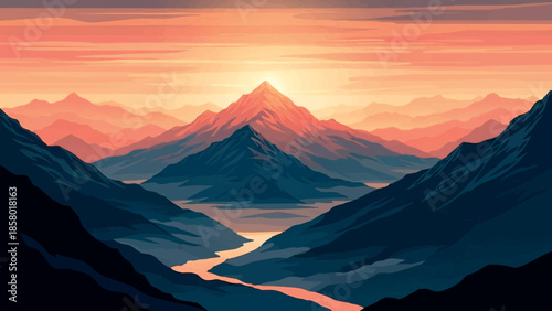 Sunset over majestic mountain range