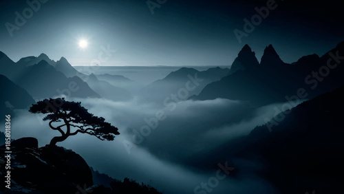 Lone pine in misty mountain valley