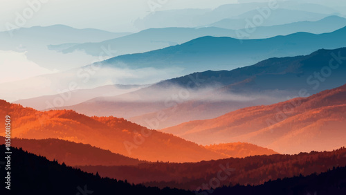 Sunrise over misty mountains