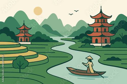 Foto vietnam village, river scene, vietnam scenery illustration, vietnam tourism, vie