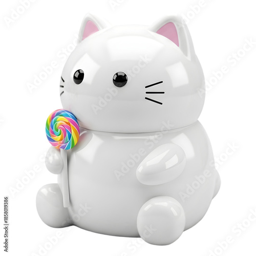 A Cute White Chibi Cat Holding a Rainbow Lollipop