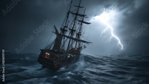 A weathered sailing ship battles towering waves as a jagged bolt splits the stormy sky, dark times.