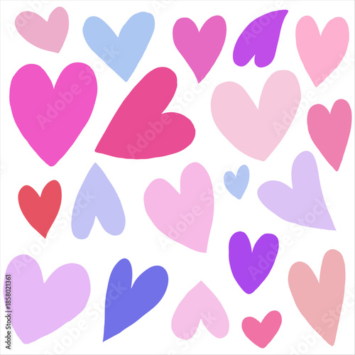 ピンク、紫色、青、色々な形のハートを詰め合わせたシームレスパターン背景素材