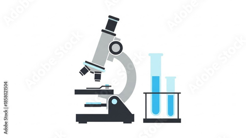 A microscope and two test tubes in a rack on a laboratory table for science and research purposes