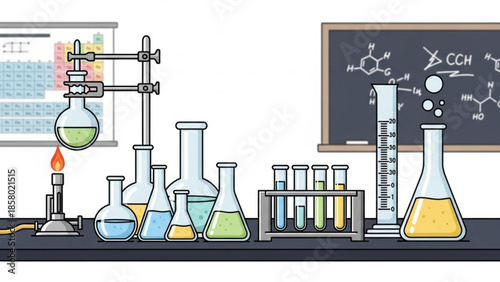 Chemistry lab equipment with beakers flasks and test tubes on a table with a blackboard and periodic