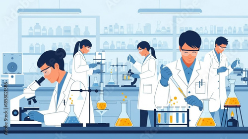 Scientists in lab coats working with various laboratory equipment and glassware