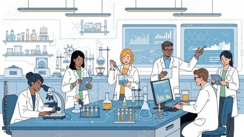 Diverse group of scientists working collaboratively in a modern laboratory setting
