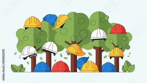 Colorful hard hats on trees with green leaves and brown trunks on white background