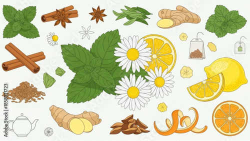 Herbal tea ingredients including lemon, ginger, cinnamon, and chamomile flowers on white background