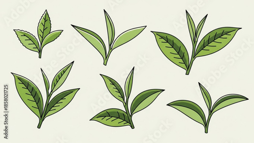 Seven green leaves on stems with varying shapes and sizes on light background