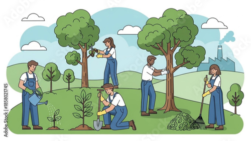 People planting trees and gardening together outdoors in a park with green grass and blue sky