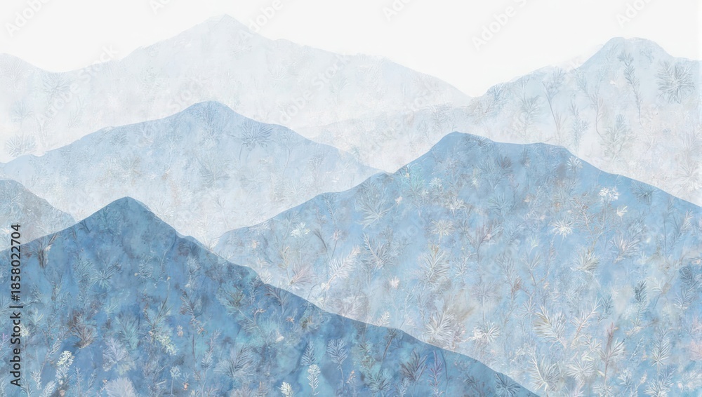 Fototapeta premium Serene Blue Mountain Range - A Tranquil Landscape of Misty Peaks.