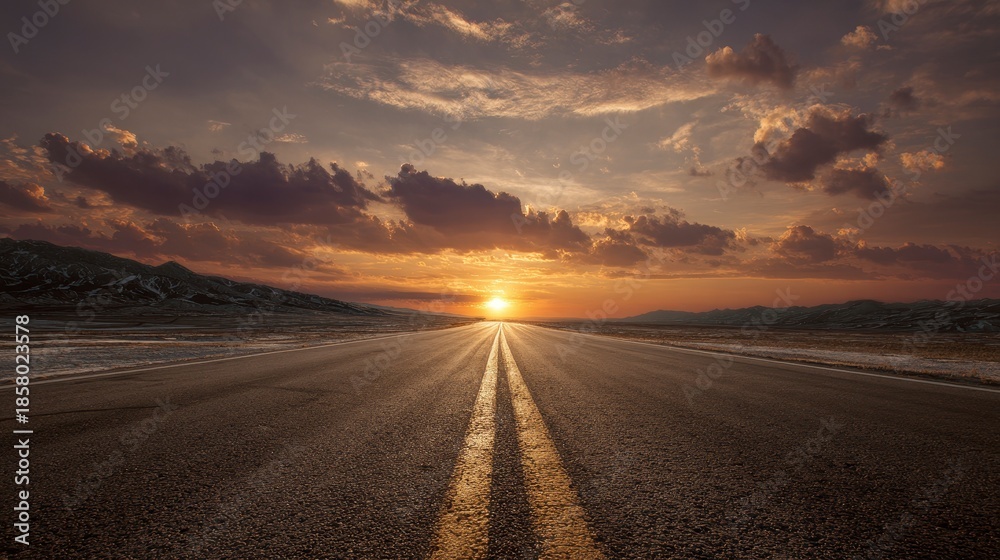 Fototapeta premium A vast asphalt road stretches toward a brilliant sunset, bisecting a desert landscape under a dynamic sky. Sunlight illuminates the path ahead