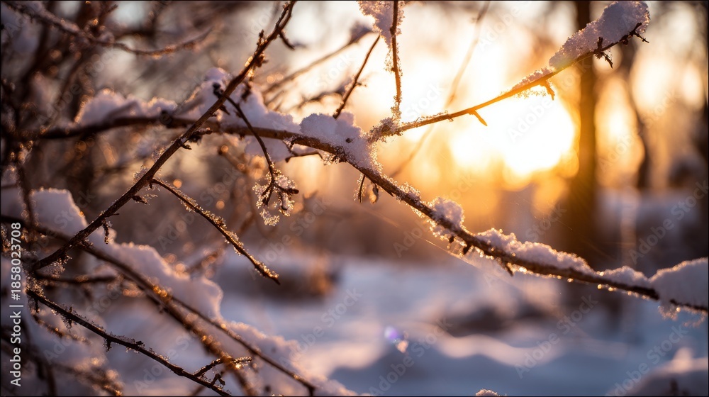 Obraz premium Close-up of snow-covered branches with a blurred background of an arctic forest at sunset. Sunlight creates a warm glow on the tree branches, while the landscape is covered in fresh powder snow.