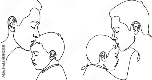 Continuous line art drawing of a mother tenderly kissing her childs forehead in a loving embrace