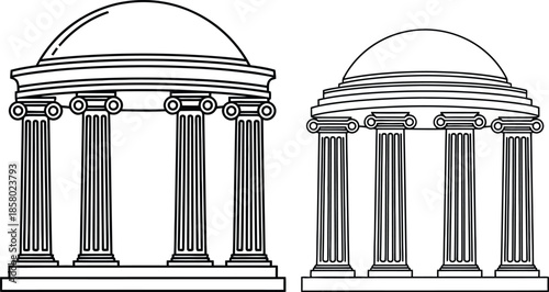 Elegant line art vector illustrations of classical domed temples featuring prominent fluted columns and architectural details